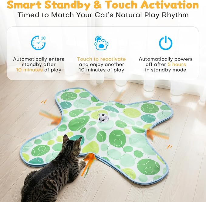 Interactive Cat Toys, Hide and Seek Cat Toy, 2 in 1 Automatic Moving Concealed Feathers for Indoor Cats, Non-Slip Suction, Touch Activated, USB Rechargeable, Green