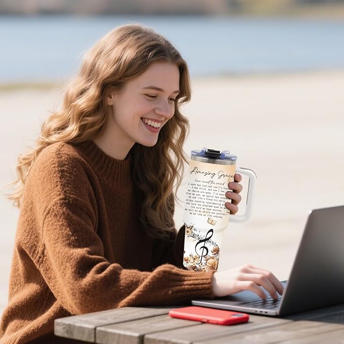 Gift for Music Lover, 40oz Music Tumbler with Handle, Violin Pattern Insulated Cup for Work, Graduation Gift for Her, Musics Tumblers Appreciation Gifts Choice, Coffee Mug with Straw & Handle