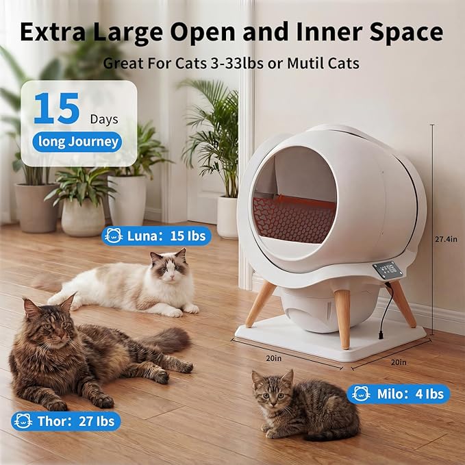 HoneyGuaridan Self Cleaning Cat Litter Box,IPX5 Waterproof Automatic Cat Litter Box,5G WiFi App Control, Odourless, Integrated Safety Protection, Water Rinsable and Easy to Clean, for Multiple Cats