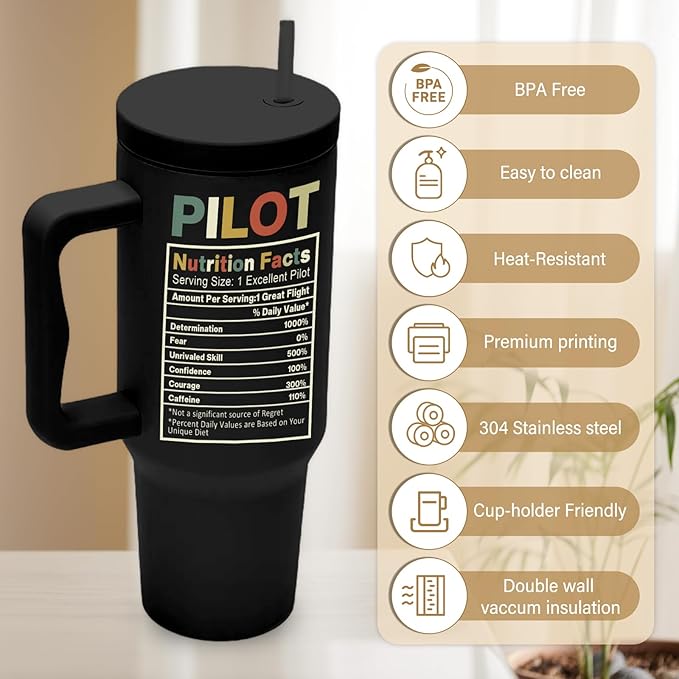 Pilot Gifts For Men, Pilot Tumbler With Handle 40 Oz, Birthday Christmas Retirement Gifts For Pilots Men Husband, Airplane Gift For Aviation Lovers, Travel Coffee Tumbler