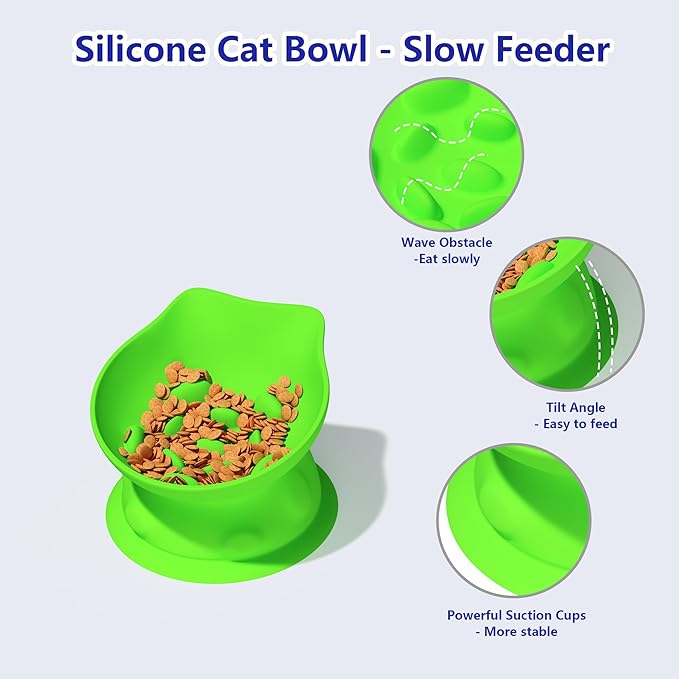 Slow Feed Cat Bowl, Elevated Cat Food Dish with Tilted Design, Dual-Use for Dry and Wet Food, Anti-Vomit, Anti-Choking, Easy to Clean