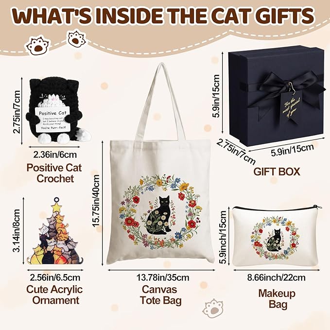 Hsei 5 Pcs Black Cat Lover Gifts Set for Women Include Canvas Tote Bag Cosmetic Bag Crochet Cat and Acrylic Keychain for Black Kitten Lovers Mother's Day Birthday Party Gifts