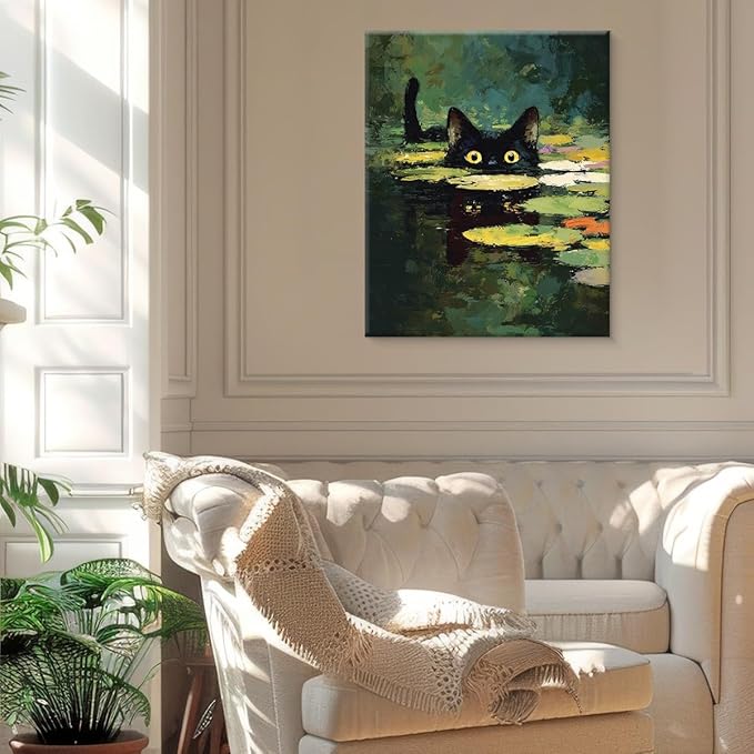 Vintage Cat Pond Wall Art Decor Funny Kitten in Lily Pond Print Picture Cat Lover Gifts Wall Decor for Home Living Room 8x10 Inch Canvas Framed