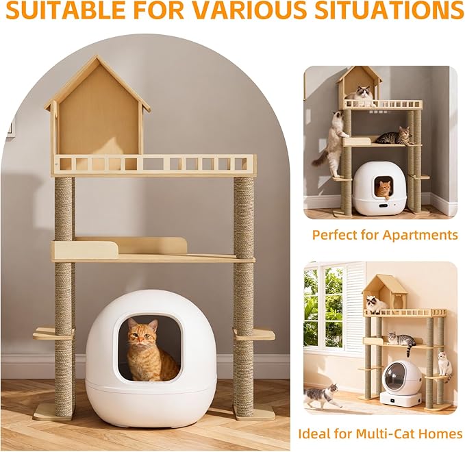 Wood Cat Tree for Automatic Litter Box, 60.2 Inch Tall Modern Cat Tree Tower with Litter Box Enclosure, Multi-Level Wooden Cats Tower Furniture with Scratching Posts, Condo House for Indoor Cats C3