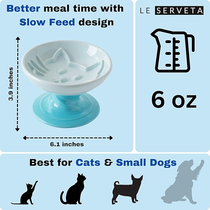 Elevated Twisting Design Cat Food Slow Feeder, Ceramic Raised Cat Dishes with Decorative Twisting Design Stand, Macaron Colors, Slow Feed Design (Blue)