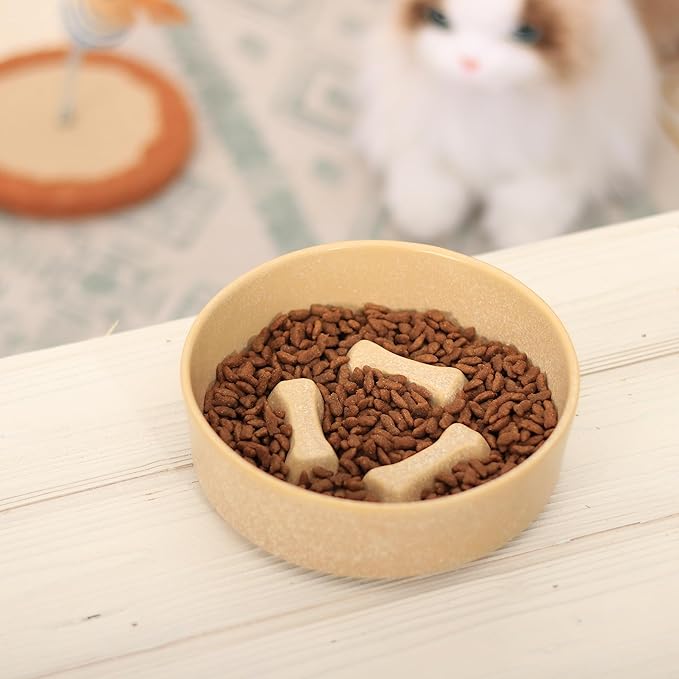 Ceramic Slow Feeder Cat Bowls 6 Inch Cute Bone Slow Feeding Dog Food Bowl,Whisker-Friendly, Anti-Vomiting Feeder for Cats and Small Dogs Non Slip Dishwasher/Microwave Safe (Khaki)