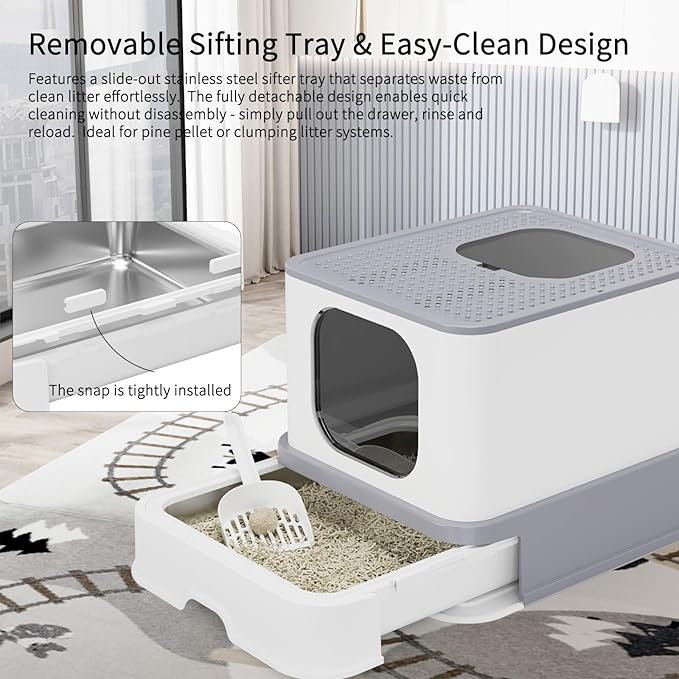 RIZZARI Stainless Steel Cat Box: Light Gray Covered Design with High Sides to Prevent Leaks - Spacious Interior & Non-Stick Coating for Odor Control - Easy-Clean Drawer - Bathroom or Living Room Use