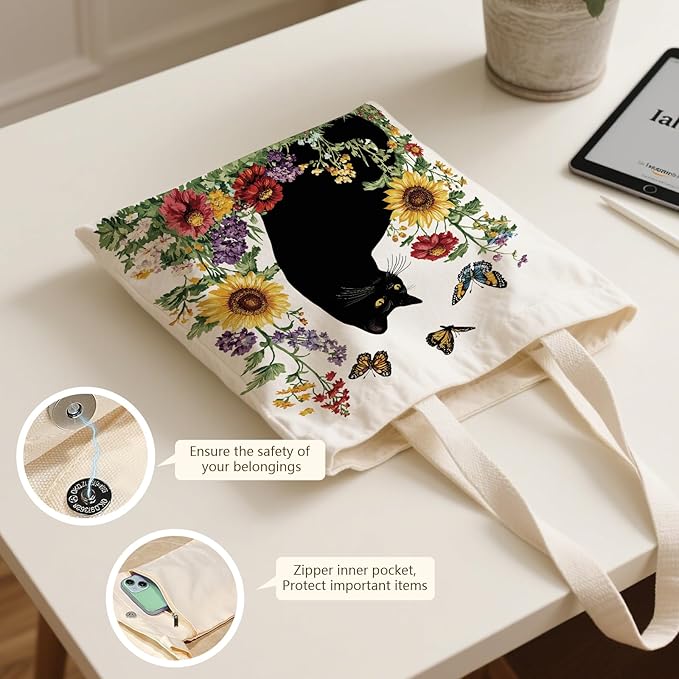 Aesthetic Canvas Tote Bag for Women - with Magnetic Snap Closure & Zipper Inner Pocket Reusable Bag for Shopping