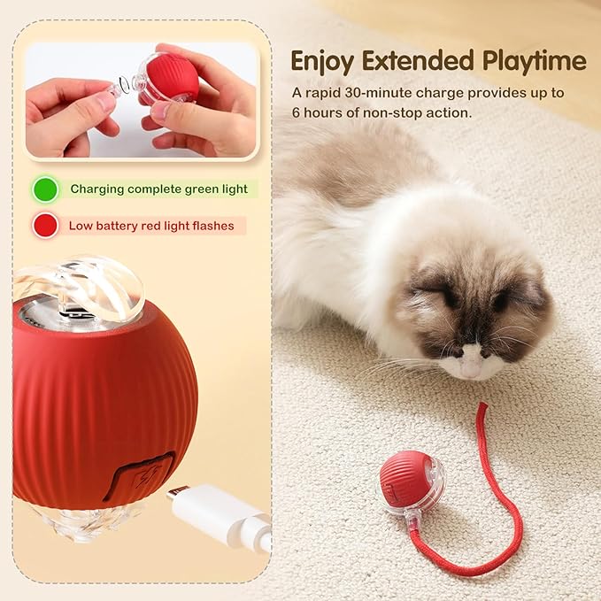 Interactive Rolling Cat Dog Ball Toy, 2025 New Automatic Interactive Cat Toys Self Moving Cat Toys, 360° Smart Automatic Rechargeable Toy Electric Dog Balls for Dog/Cat (Red)