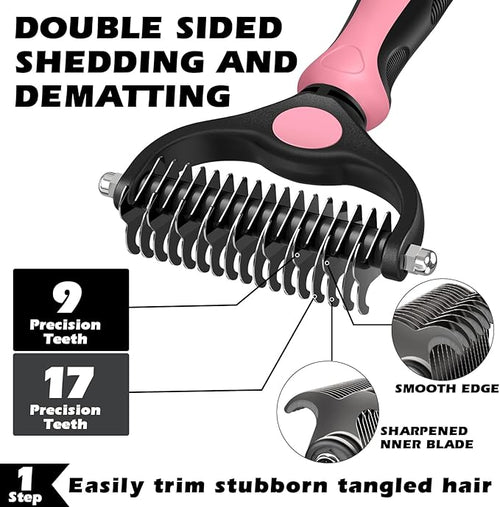 3PCS Self Cleaning Slicker Brush & Pet Grooming Rake & Flea Comb for Dogs,Cats and Horses | Double-Sided Dematting Comb & Skin Friendly Deshedding Grooming Tool | Pet Supplies (Light Pink)