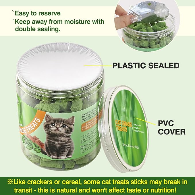 3.5oz Freeze-Dried Chicken Cat Treats with Cat Grass & Egg Yolk - Hairball Control, Dental Care Teething Sticks for Indoor Cats, High Protein Grain-Free Cat Snacks