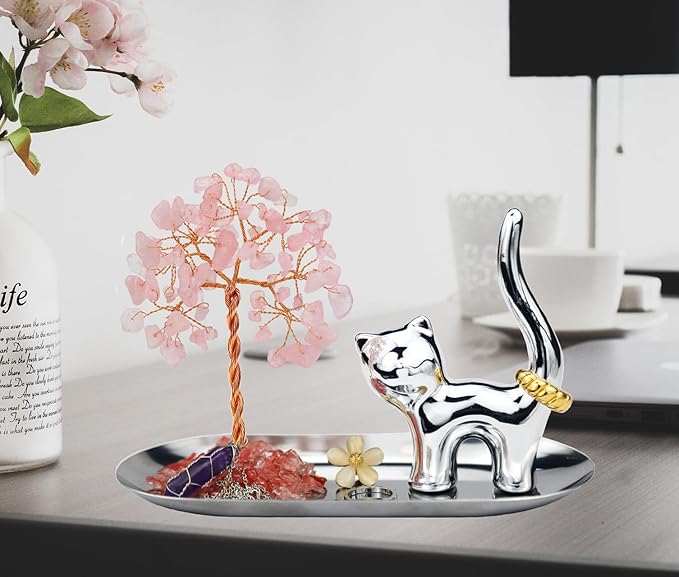 Carselage Cat Ring Holder, Cute Animals Jewelry Tray, Cat Lovers Gifts for Women, Pink Room Japanese Decor, Birthday Gifts for Teen Girls Trendy Stuff - Rose Quartz