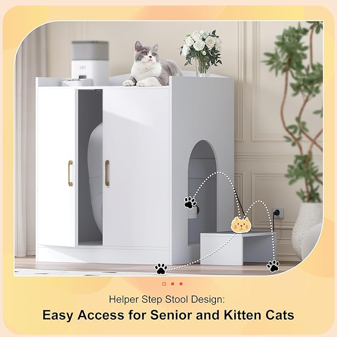 Heybly Litter box Enclosure,large Cabinet with Charging Station,Wooden Cat Litter Box Enclosure Furniture for Self-Cleaning Robot 3 & 4,Hidden for Smart Litter Box Size for senior cats,White HCLB005WT