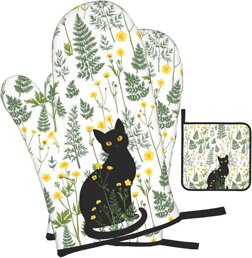Black Cat Wildflower Hot Pads and Oven Mitts Set of 3, Spring Summer Plants Kitchen Decor Potholders and Oven Mitts, Baking and Cooking Gifts for Chef Baker, Black Cat Gifts for Women & Kitchen Decor