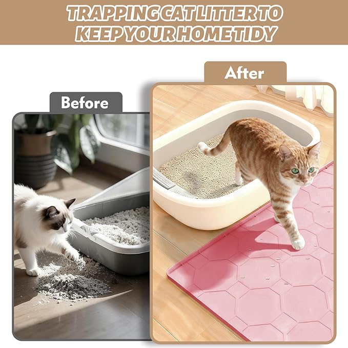 Silicone Cat Litter Mat for Litter Box-28" X 22" Litter Mat for Cat, Waterproof & Leak-Proof Trapping Design, Non-Slip Durable Easy to clean (Pink)
