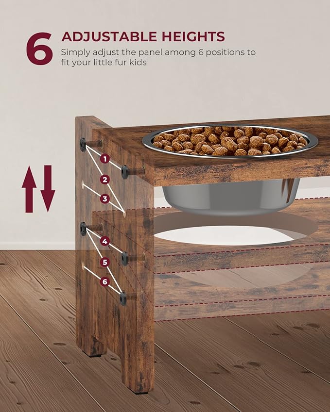 Vantic Elevated Dog Bowls, Adjustable Raised Dog Bowl Stand for Small Puppy and Cats, Sturdy Pet Food Feeder with 2 Stainless Steel Dishes, Rustic Brown