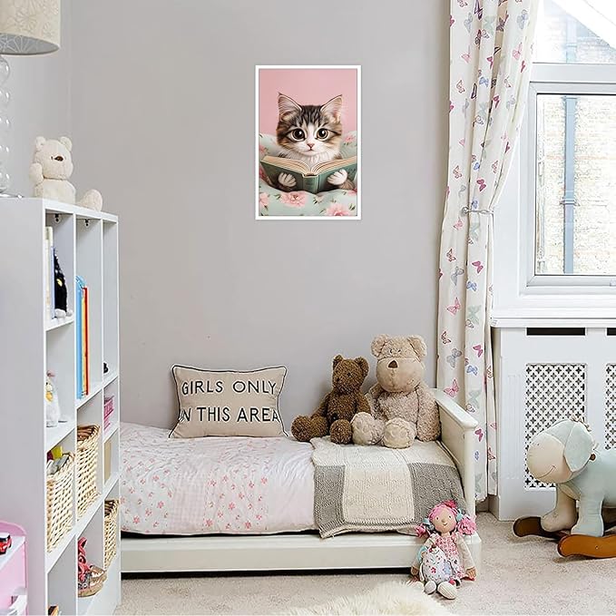 Trendy Cat Reading In Bed Canvas Wall Art Funny Pink Flower Animal Poster Funky Cat Lovers Monet Minimalist Prints Painting For Home Bedroom Kids Room Dorm Wall Decor 16x24in Unframed