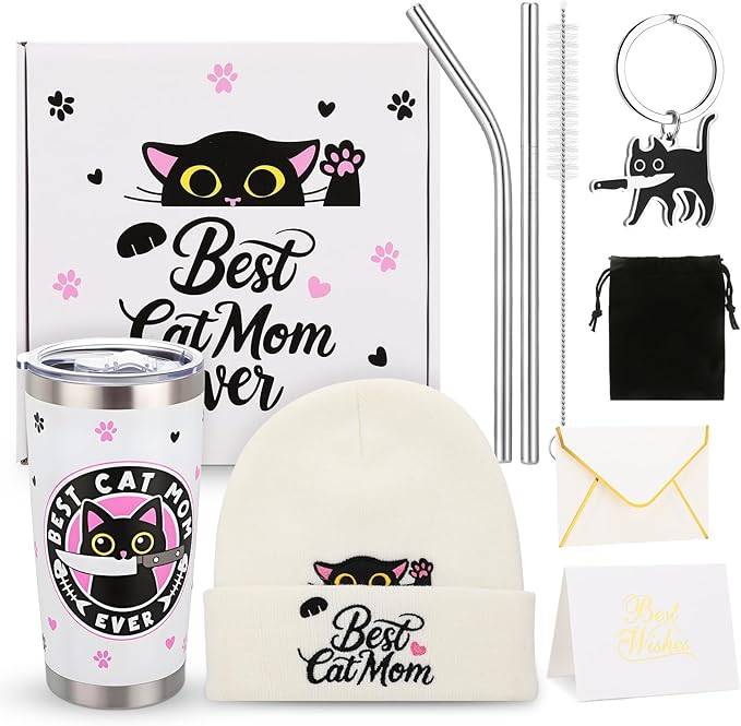 6 Pcs Cat Mom Gifts for Women Include Cute Cat Beanie 20 Oz Tumbler Greeting Cards Keychain Storage Bag Gift box for Birthdays Mother's Day Christmas