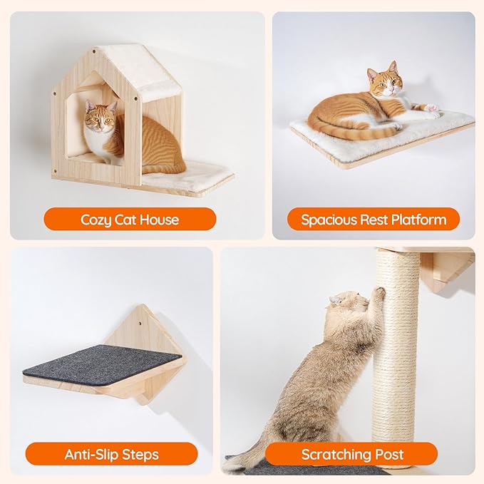 HOOBRO Wood Cat Wall Shelves, Set of 5 Cat Wall Mounted Furniture, Climbing Shelves with House, Steps, Scratching Post, Perch, Sturdy and Anti-Slip, Natural NL43CS03G1
