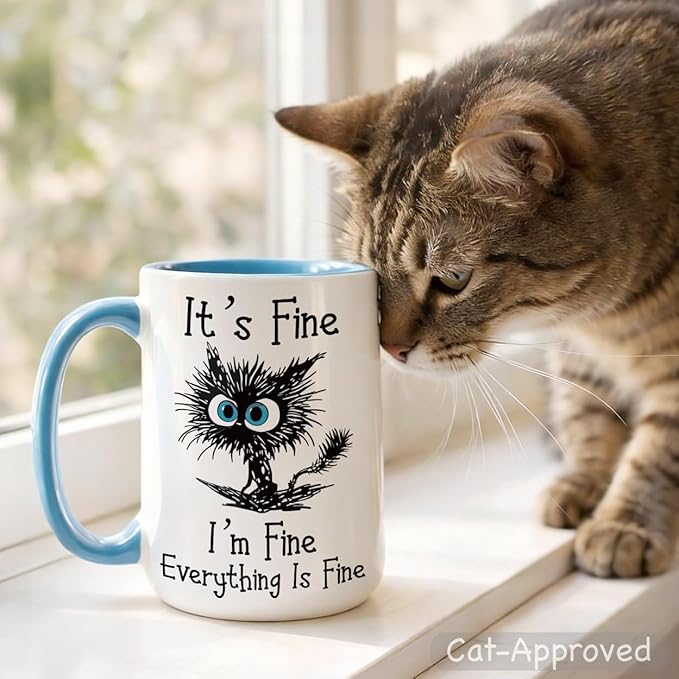 Funny Black Cat Coffee Mug – 15oz Sarcastic I am Fine Everything's Fine Cup – Big Ceramic Mug with Blue Handle – Microwave & Dishwasher Safe – Funny Gag Gift for Cat Lovers, Women, Coworkers