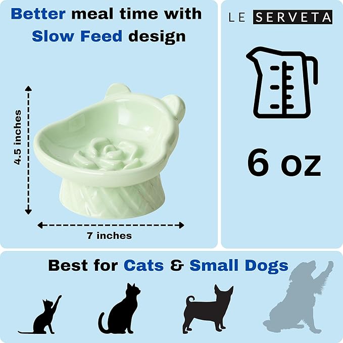 Winnie The Pooh Series Ceramic Slow Feeder Cat Bowl, Raised Anti-Gulping Design with Bear Ears, Pastel Colors, Quilted Pattern Base (Green)