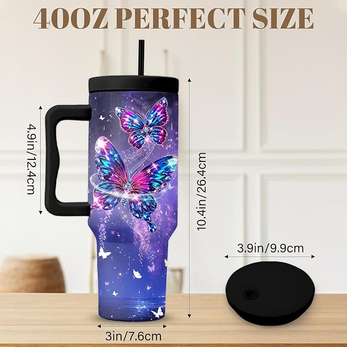 Butterfly Gifts For Women, Butterfly Cup Leak Proof Tumbler With Handle 40 Oz, Birthday Christmas Gifts For Women Girl Wife, Purple Gem Bling Cup, Christmas Travel Coffee Tumbler