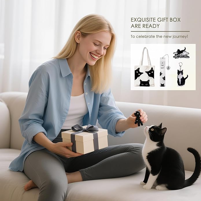 Black Cat Tote Bag Set Gifts for Cat Lovers, Book Lovers Gifts for Women, 4Pcs Bookish Reading Accessories for Readers Librarian, Includes Canvas Tote Bag, Bookmark, Brooch, keychain
