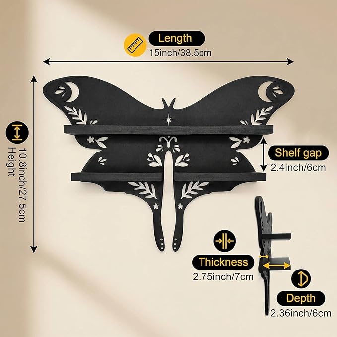 Crystal Display Shelf Wall Moon Shelves Luna Moth Hamsa Hand Holder Floating Wall Mounted Decorative Crystal Shelf (Moth-15 * 10.8inch/38.5 * 27.5cm)