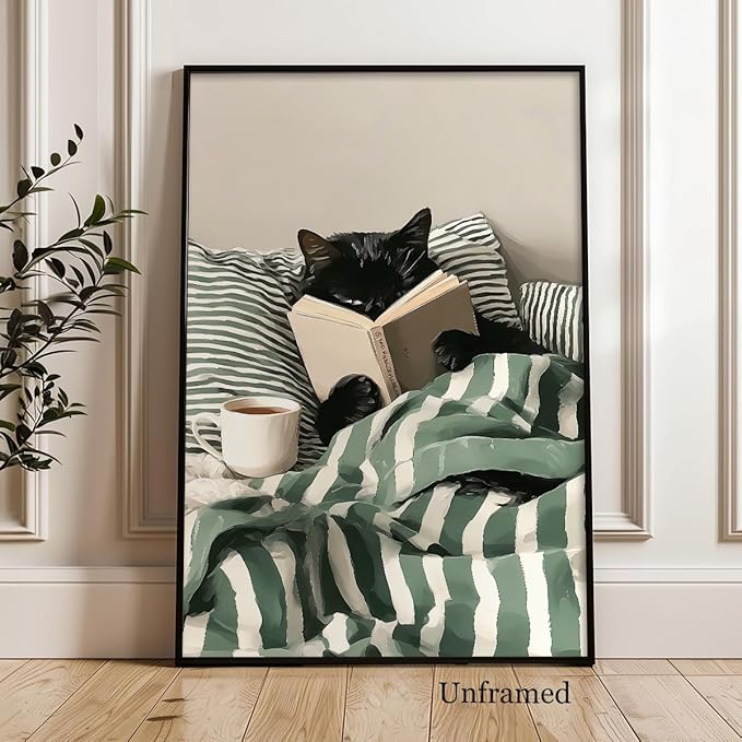 Funny Black Cat Canvas Wall Art, Cute Cat Reading Book In Bed with Coffee Aesthetic Poster, Cozy Striped Green Bedroom Animal Wall Decor, Bookish Art Print for Book Pet Lover 24x36in Unframed