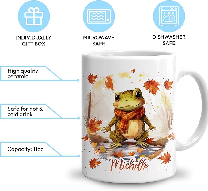 Hyturtle Personalized Fall Frog Maple Leaves Coffee Mug - Birthday Gifts For Frog Lovers - Fall Autumn Decor Gifts For Farmhouse Thanksgiving - Custom Name 11oz White Ceramic Coffee Tea Mug