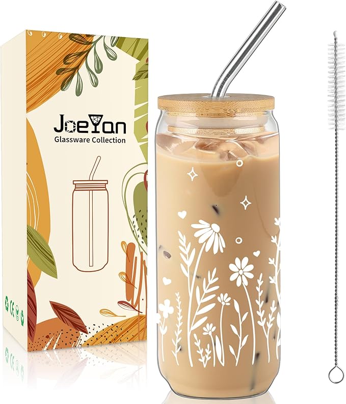 Joeyan Glass Cups with Lids and Straws - 20oz Daisy Iced Coffee Cup, Cute Floral Glass Tumbler for Smoothie Boba Tea, Boho Flower Drinking Glasses, Birthday Mothers Day Gift for Women, Mom, Friend
