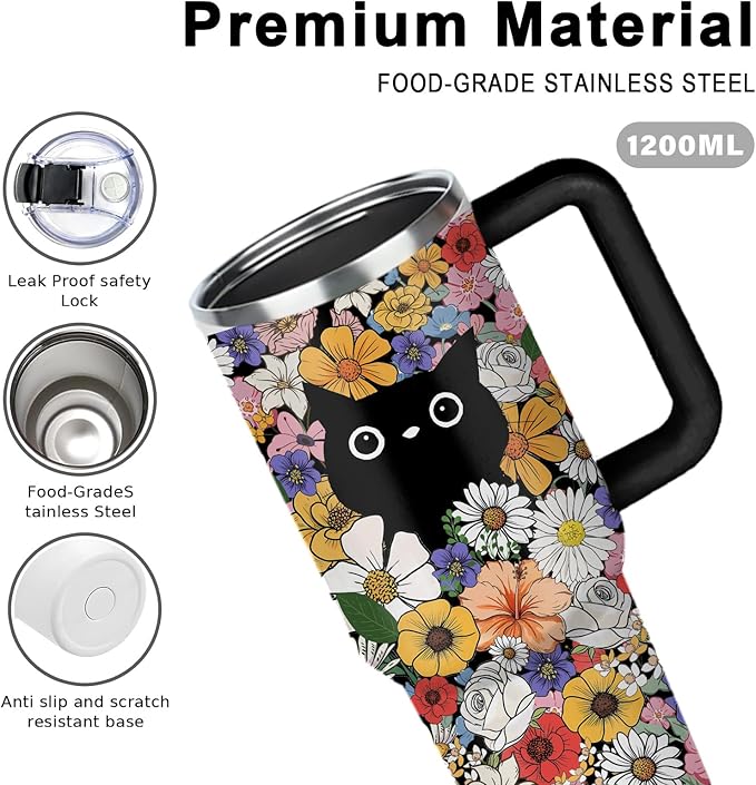 Cat Lover Gifts, Flower Bushes and Black Cats Tumbler 40Oz, Christmas Birthday Gift for Cats Lovers Women Cup Vintage Flowers Aesthetic Cute Cat Themed Stuff Funny Coffee Cup