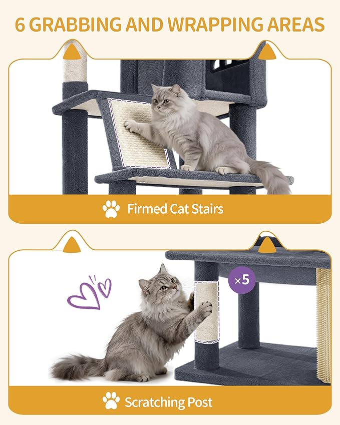 Hzuaneri Large Sturdy Cat Tree Tower, 84 Inch Tall Pet Condo for 7 Large Cats, Cat Tree Indoor Climbing Activity Tower, 2 Large Platform/2 Cave/2 Hanging Basket/5 Scratching Post, Dark Grey MS21318SG