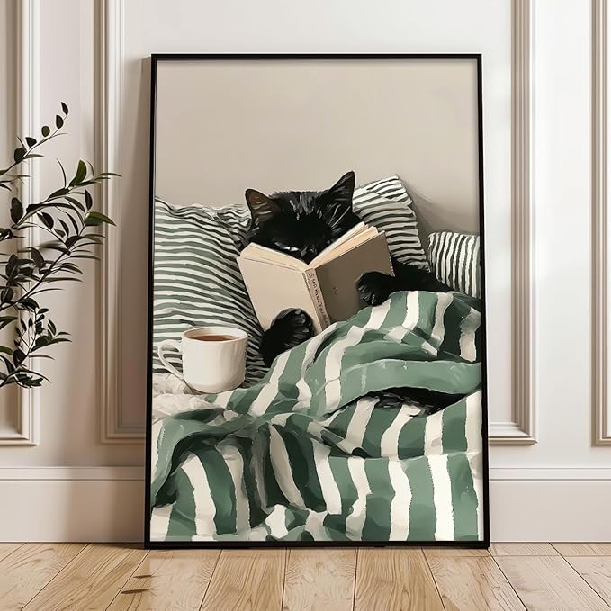 Funny Black Cat Canvas Wall Art, Cute Cat Reading Book In Bed with Coffee Aesthetic Poster, Cozy Striped Green Bedroom Animal Wall Decor, Bookish Art Print for Book Pet Lover 24x36in Framed