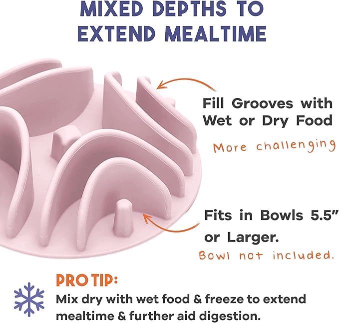 Awoo Great Vibes - Silicone Slow Feeder for Dog Bowls Over 5.5 Inches - Non-Slip, Wet and Dry Food-Compatible Pet Dish with Suction Cups - Extends Mealtime for Fast Eaters - Dishwasher Safe (Mauve)