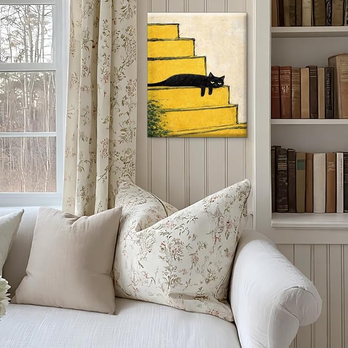 Vintage Black Cat Wall Art Decor Cute Kitten on Stairs Print Picture Cat Lover Gifts Wall Decor for Home Living Room 8x10 Inch Canvas Framed