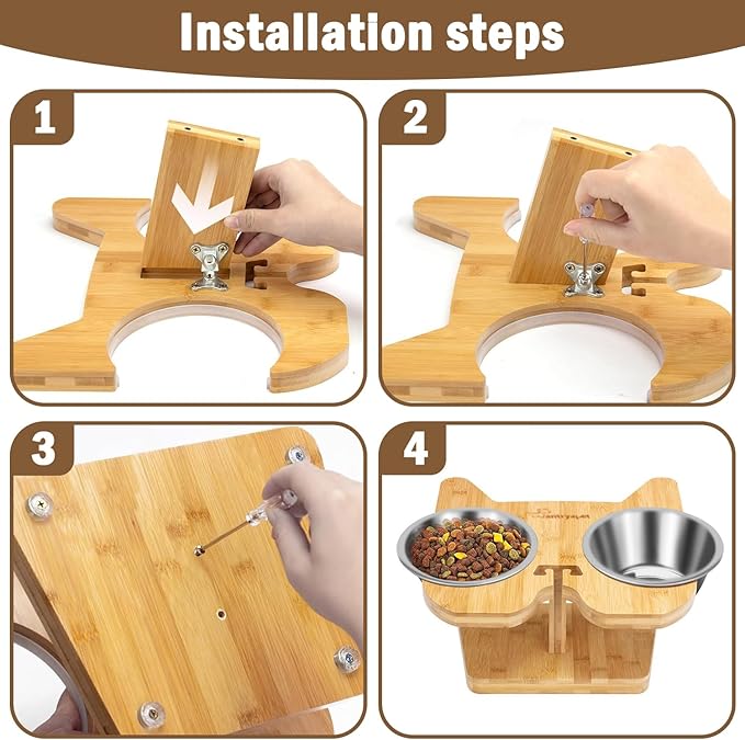 Elevated Dog Bowls Raised Pet Bowl Natural Bamboo Stand with 2 Stainless Steel &1 Slow Feeder Food Bowls Non-Slip Dog Feeder for Puppy Small Dogs and Cats