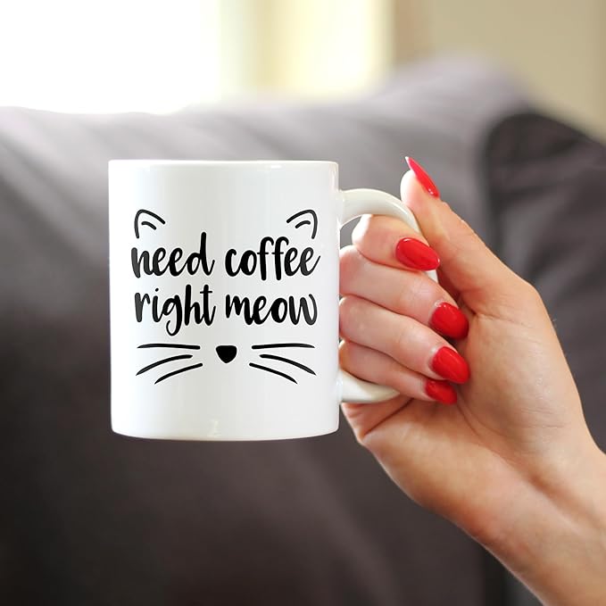 Bevvee Need Coffee Right Meow - Funny Cat Themed Coffee Mug Gifts & Decor - 11oz White Ceramic Mug