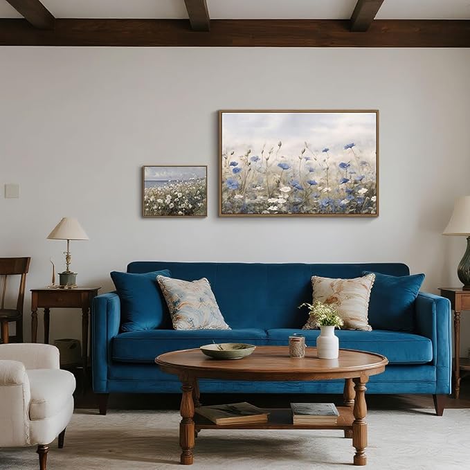 Vintage Floral Wall Art Blue White Flower Canvas Art Prints Wildflower Pictures Wall Decor Nature Landscape Oil Painting Framed Botanical Artwork for Girls Room Bedroom Farmhouse Decoration, 16''x24''