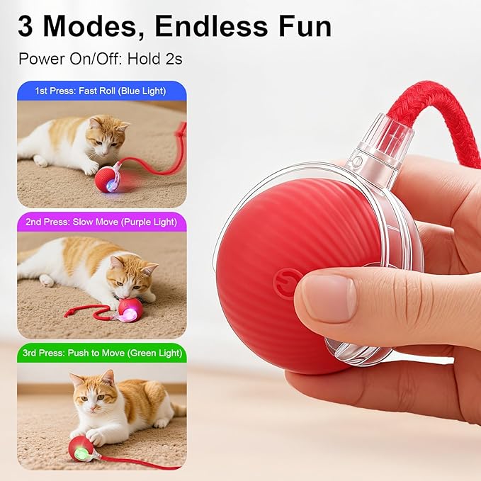 Interactive Electric Automatic Rolling Moving USB Rechargeable Self Activated Play Stimulation Toy Smart Chase Teaser Ball with Rope for Bored Adult Indoor Kitten Cat and Puppy Dog, Pink