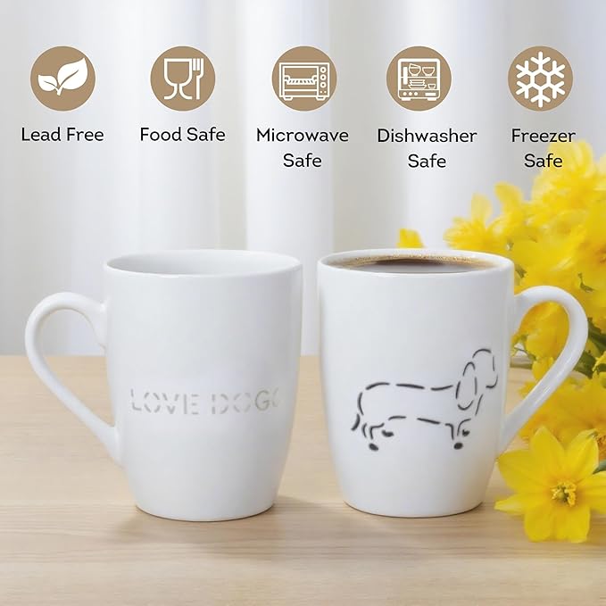 Lily's Home White Porcelain Coffee Mug – Raised Hollowed Dog Pattern-13.5 oz-Ergonomic Handle-Microwave & Dishwasher Safe-Hot Chocolate, Coffee, Tea-for Dog Lovers & Housewarming