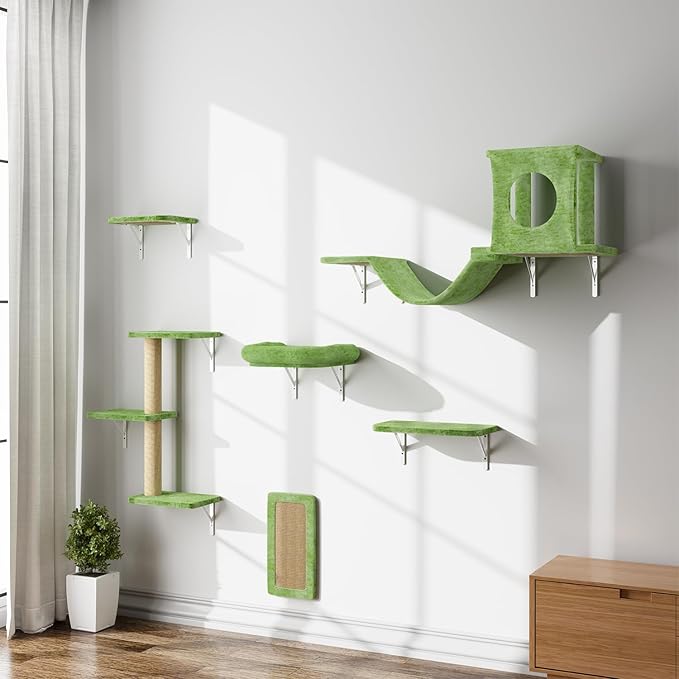 6-in-1 Cat Wall Shelves, Wall Mounted Cat Climber with Condo House, Scratching Post, Bridge Ladder, Space-Saving Indoor Play Furniture for Kittens, Green