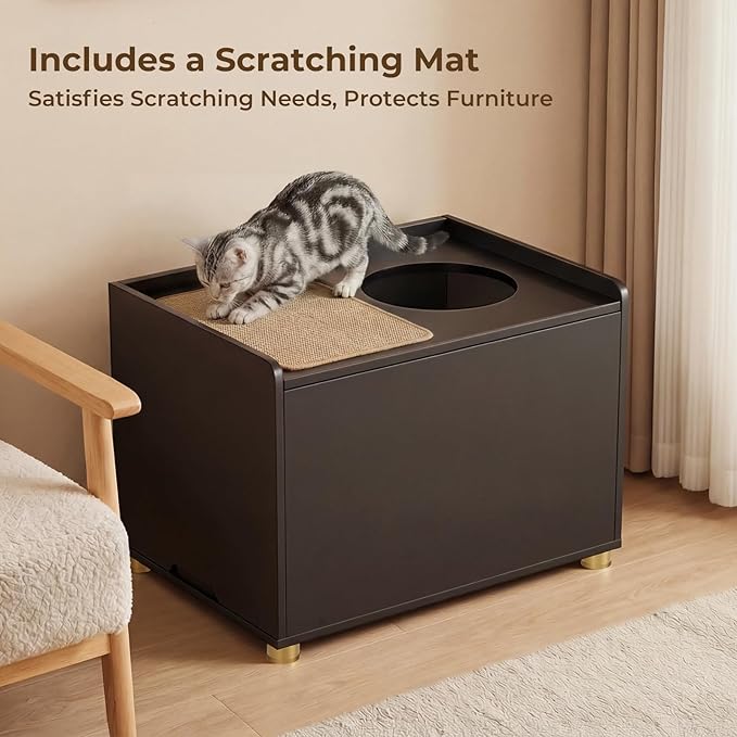 Top Entry Litter Box Enclosure, Flip Top Cat Litter Box Furniture with Scratch Mat, Stylish Hidden Cat Washroom for Large Cats (Black)