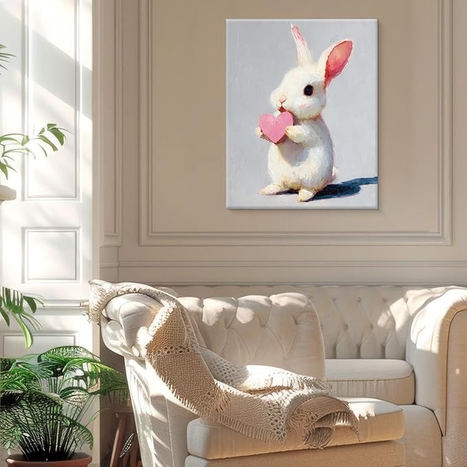 Cute Vintage Bunny Wall Art Decor Bunny with Pink Heart Print Picture Cute Animal Wall Decor for Home Farmhouse Living Room 8x10 Inch Canvas Framed