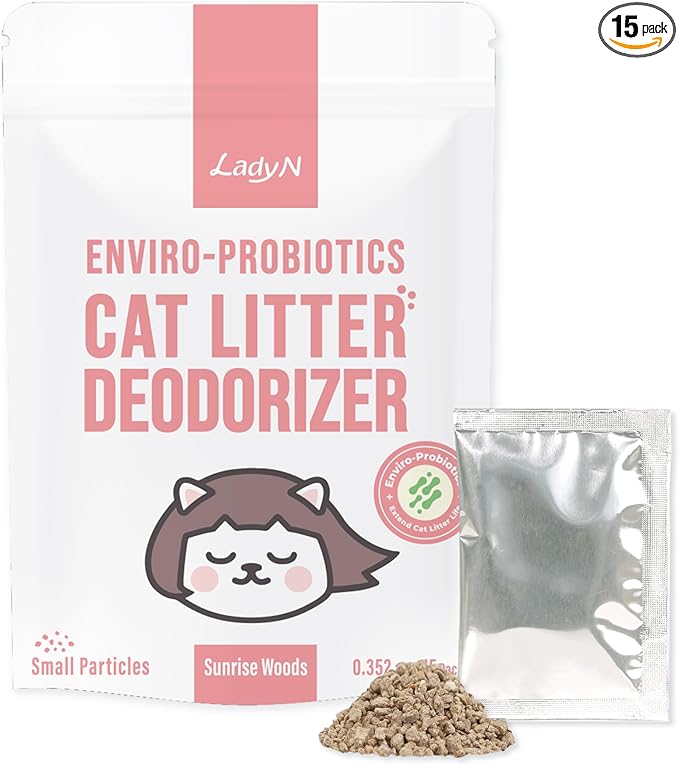 Lady N Cat Litter Deodorizer - 15 Packets (5 Month Supply) Fresh Sunrise Woods Scent, Long-Lasting Odor Eliminator for Automatic Litter Boxes & Liners, Natural Probiotic Formula, Safe for Kitty