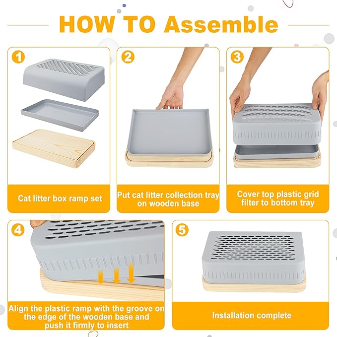 Cat Ramp for Litter Box with Wooden Base, Catcan Litter Box Step with Filter Function Double Layered Self-Cleaning Cat Litter Trapper for Small & Elderly Cats