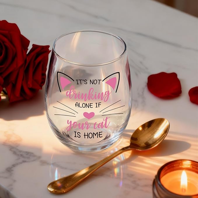 Funny Cat Lover Wine Glasses Gift for Him,Her, Women, Men, Wife, Sister, Bff, Friends, It's Not Drinking Alone, Engagement or Bridal Shower Gift for Cats Lovers, Set of 2 Stemless Wine Glasses -29