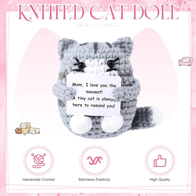 Sadnyy 8 Pcs Cat Themed Gifts for Women Cat Lovers Funny Crazy Mom Gifts Box Basket Set 16 oz Glass Cup Tote Bag Crochet Animal Keychain Stuff Present for Lady People Who Love Kitten Birthday
