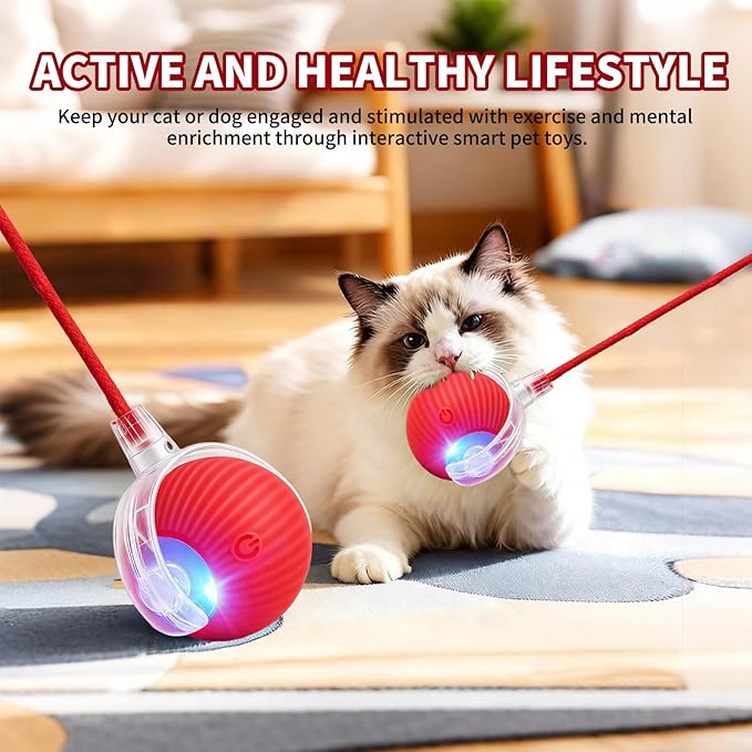 Smart Interactive Cat Toys for Indoor Cats, Motion Activated Cat Balls, Smart Obstacle Avoidance & 3 Speeds, Quiet Moving Dog Ball, Electric Toy Ball for Bored Indoor Cats & Dogs, Red
