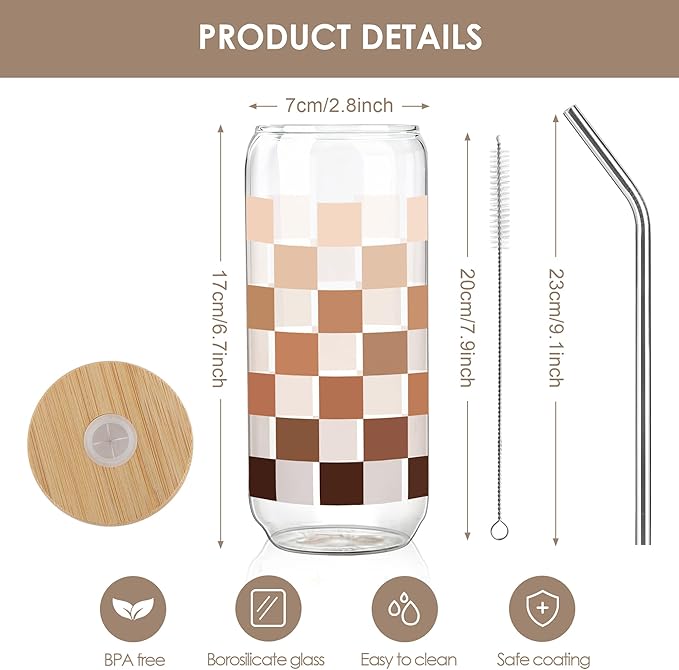 Joeyan Checkered Glass Cups with Lids and Straws - 20oz Iced Coffee Cup with Positive Crochet Mug, Cute Glass Tumbler for Smoothie Boba Tea, Inspirational Coffee Gifts, Birthday Mothers Day Gift